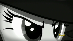 Size: 1920x1080 | Tagged: safe, screencap, rarity, g4, rarity investigates, close-up, detective, detective rarity, eyes, female, grayscale, hat, monochrome, noir, solo