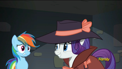 Size: 1920x1080 | Tagged: safe, screencap, rainbow dash, rarity, g4, rarity investigates, season 5, clothes, detective, detective rarity, fedora, hat, scrunchy face