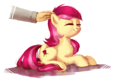 Size: 2000x1359 | Tagged: safe, artist:lis-alis, roseluck, earth pony, human, pony, g4, commissioner:doom9454, cute, ear scratch, eyes closed, female, fluffy, hand, mare, petting, prone, simple background, smiling, weapons-grade cute