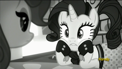 Size: 1920x1080 | Tagged: safe, screencap, cinnamon chai, rarity, pony, g4, rarity investigates, season 5, cheeks, clothes, discovery family logo, grayscale, lip bite, monochrome