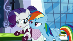 Size: 1920x1080 | Tagged: safe, screencap, rainbow dash, rarity, pony, g4, rarity investigates, season 5, angry, clothes, discovery family logo, nose wrinkle