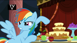 Size: 1920x1080 | Tagged: safe, screencap, rainbow dash, g4, rarity investigates, season 5, angry, apple, cake, discovery family logo, female, food, solo