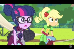 Size: 960x640 | Tagged: safe, screencap, applejack, sci-twi, twilight sparkle, equestria girls, g4, my little pony equestria girls: friendship games, magic capture device