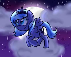 Size: 2000x1600 | Tagged: dead source, safe, artist:artypaints, princess luna, alicorn, pony, g4, cloud, cloudy, cute, female, filly, flying, moon, night, solo, stars, woona