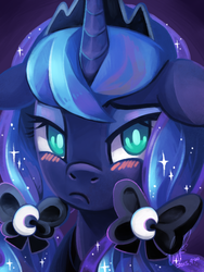 Size: 768x1024 | Tagged: safe, artist:erica693992, princess luna, g4, alternate hairstyle, blushing, cute, female, filly, floppy ears, hair bow, lunabetes, pigtails, solo, woona