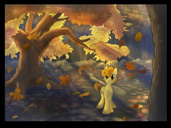 Size: 1280x955 | Tagged: safe, artist:sherwoodwhisper, mandopony, pony, g4, autumn, crepuscular rays, guitar, looking at you, scenery, solo, sunlight