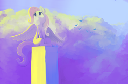 Size: 5346x3500 | Tagged: safe, artist:dimfann, fluttershy, bird, pegasus, pony, g4, :<, cloud, cloudy, cute, female, looking up, mare, peaceful, pedestal, perch, sitting, solo, spread wings, wings