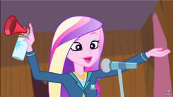 Size: 1280x721 | Tagged: safe, screencap, dean cadance, princess cadance, equestria girls, g4, my little pony equestria girls: friendship games, airhorn, female, microphone, open mouth, smiling, solo