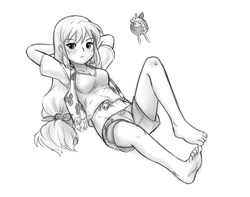 Size: 936x736 | Tagged: safe, artist:alloyrabbit, edit, applejack, human, g4, barefoot, belly button, clothes, cropped, feet, grayscale, humanized, micro, midriff, monochrome, short shirt, shorts