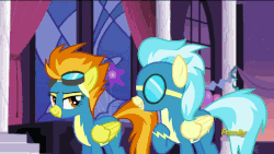 Size: 800x450 | Tagged: safe, screencap, misty fly, spitfire, pegasus, pony, g4, rarity investigates, season 5, animated, duo, female, goggles, loop, mare, spread wings, wings, wonderbolts, wonderbolts uniform