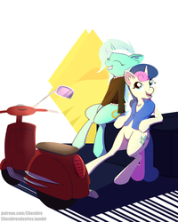 Size: 1600x2000 | Tagged: safe, artist:cheshiresdesires, bon bon, lyra heartstrings, sweetie drops, pony, unicorn, semi-anthro, g4, abstract background, chest fluff, clothes, duo, ear fluff, eyes closed, grin, jacket, moped, race swap, scooter, vest