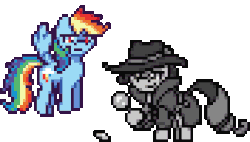 Size: 352x200 | Tagged: safe, artist:mrponiator, rainbow dash, rarity, pegasus, pony, g4, rarity investigates, animated, backwards cutie mark, clothes, detective, detective rarity, duo, female, flying, hat, magnifying glass, mare, pixel art, season 5 pixel art, simple background, transparent background