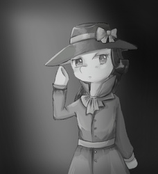 Size: 673x739 | Tagged: safe, artist:shouyu musume, rarity, pony, semi-anthro, g4, rarity investigates, bipedal, detective, detective rarity, female, grayscale, monochrome, noir, solo