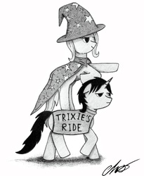 Size: 592x723 | Tagged: safe, artist:moonlightscribe, trixie, oc, pony, unicorn, g4, female, mare, monochrome, newbie artist training grounds, ponies riding ponies, riding, traditional art