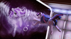 Size: 1898x1042 | Tagged: safe, artist:mechagen, twilight sparkle, twilight velvet, alicorn, pony, g4, crying, echoes of the past, feels, female, floating, mare, missing horn, mother and child, mother and daughter, nebula, space, twilight sparkle (alicorn), underhoof, zero gravity