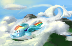 Size: 2001x1295 | Tagged: safe, artist:invertigo, rainbow dash, g4, cloud, cloudy, female, flying, sky, solo