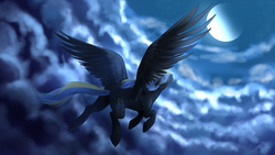 Size: 1280x721 | Tagged: safe, artist:oblivionheart13, oc, oc only, pegasus, pony, cloud, cloudy, epic, flying, moon, night, solo, spread wings