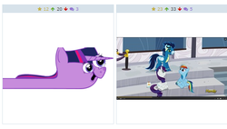 Size: 512x291 | Tagged: safe, rainbow dash, rarity, twilight sparkle, derpibooru, g4, exploitable meme, juxtaposition, juxtaposition win, meme, meta