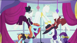Size: 800x450 | Tagged: safe, edit, screencap, rarity, sassy saddles, whoa nelly, canterlot boutique, g4, rarity investigates, animated, discovery family logo, fat, female, mannequin, meme, toppling canterlot carousel's mannequins