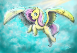 Size: 2954x2031 | Tagged: safe, artist:mad munchkin, fluttershy, pegasus, pony, g4, butt wings, female, flying, high res, looking at you, mare, solo, spread wings