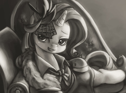 Size: 3348x2480 | Tagged: safe, artist:mrs1989, rarity, pony, unicorn, g4, rarity investigates, clothes, draw me like one of your french girls, fainting couch, female, grayscale, high res, mare, monochrome, smiling, solo