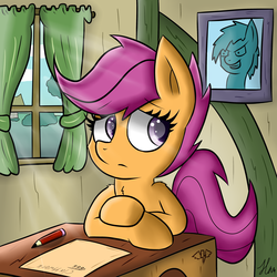 Size: 3000x3000 | Tagged: safe, artist:hanzel2, scootaloo, pegasus, pony, g4, desk, female, filly, high res, looking back, pencil, school, school desk, solo