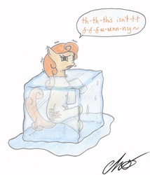 Size: 900x1052 | Tagged: safe, artist:moonlightscribe, carrot top, golden harvest, g4, bondage, cold, dialogue, encasement, female, frozen, ice, ice cube, newbie artist training grounds, pun, shivering, solo, stuck, traditional art