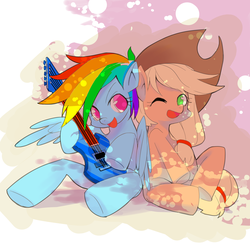 Size: 2894x2875 | Tagged: safe, artist:餅, applejack, rainbow dash, g4, guitar, high res, pixiv