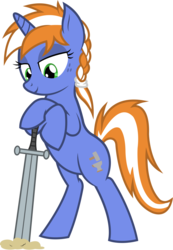 Size: 1174x1698 | Tagged: safe, artist:outlawedtofu, oc, oc only, oc:alloy shaper, pony, unicorn, fallout equestria, fallout equestria: wasteland economics, bipedal, braid, leaning, simple background, solo, sword, transparent background, vector