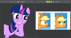 Size: 513x274 | Tagged: safe, applejack, twilight sparkle, derpibooru, g4, games ponies play, my little pony: friendship is magic, exploitable meme, juxtaposition, juxtaposition win, meme, meta