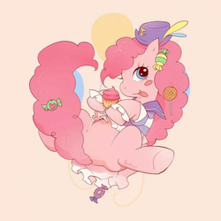 Size: 640x640 | Tagged: safe, artist:sadsan, pinkie pie, g4, blush sticker, blushing, candy, clothes, cupcake, female, hat, lollipop, on back, solo, tongue out, underhoof