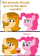 Size: 137x194 | Tagged: safe, artist:lockheart, pinkie pie, oc, oc:bananna split, fruit pony, g4, banana pony, comic, cupcake, dialogue, picture for breezies, text