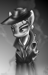 Size: 1225x1921 | Tagged: safe, artist:moon petals, rarity, g4, rarity investigates, detective, detective rarity, female, grayscale, monochrome, solo