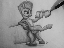 Size: 640x480 | Tagged: safe, artist:lupiarts, spitfire, g4, bipedal leaning, cider, drink, female, grayscale, leaning, monochrome, pencil, pencil drawing, photo, solo, traditional art, wonderbolts, wonderbolts uniform