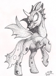 Size: 1123x1517 | Tagged: safe, artist:graboiidz, changeling, growling, ink, monochrome, pointillism, rearing, solo, stippling