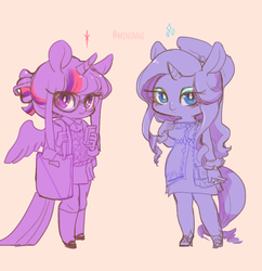 Size: 950x980 | Tagged: safe, artist:mirululu, rarity, twilight sparkle, anthro, g4, alternate hairstyle, clothes, dress, duo, female, glasses, twilight sparkle (alicorn)