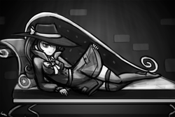 Size: 1125x750 | Tagged: safe, artist:lumineko, rarity, equestria girls, g4, rarity investigates, breasts, clothes, couch, detective, detective rarity, draw me like one of your french girls, equestria girls interpretation, fainting couch, female, hat, looking at you, missing shoes, monochrome, scene interpretation, sexy, skirt, skirt lift, smirk, solo, stockings, stupid sexy rarity, teasing, thigh highs, thigh socks