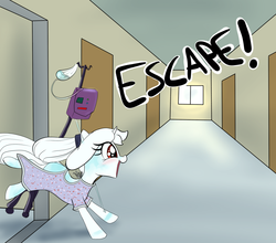 Size: 1280x1126 | Tagged: safe, artist:celerypony, oc, oc only, oc:celery, pony, unicorn, albino, dropper, hospital, hospital gown, intravenous, iv drip, open mouth, running, smiling, solo