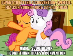 Size: 594x461 | Tagged: safe, edit, edited screencap, screencap, scootaloo, sweetie belle, pegasus, pony, unicorn, g4, sleepless in ponyville, caption, cropped, female, filly, hoof around neck, image macro, implied foalcon, meme