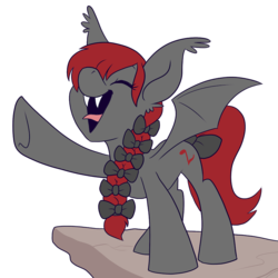 Size: 819x819 | Tagged: safe, artist:pixel-prism, oc, oc only, oc:falalalan, bat pony, pony, bow, braid, fangs, music notes, open mouth, raised hoof, singing, solo, tail bow, tongue out