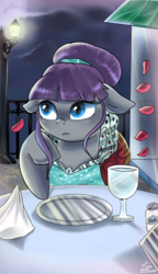 Size: 2600x4500 | Tagged: safe, artist:mrscurlystyles, maud pie, earth pony, pony, g4, alternate hairstyle, clothes, dress, female, floppy ears, hair bun, lamp, napkin, petals, plate, salt shaker, solo, wine glass