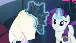 Size: 800x450 | Tagged: safe, screencap, rarity, g4, rarity investigates, animated, cute, discovery family logo, female, glowing horn, grin, horn, magic, mannequin, raribetes, reversed, smiling, sparkles