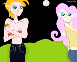 Size: 4100x3296 | Tagged: safe, big macintosh, fluttershy, human, g4, belly button, blushing, clothes, female, humanized, jeans, male, midriff, moon, night, ship:fluttermac, shipping, straight, sweet apple acres, topless, zap apple