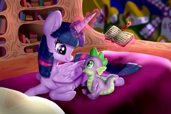 Size: 1280x853 | Tagged: safe, artist:f0x1e, spike, twilight sparkle, alicorn, pony, g4, bed, book, cute, duo, eye contact, female, golden oaks library, magic, mare, open mouth, profile, prone, smiling, telekinesis, twilight sparkle (alicorn)