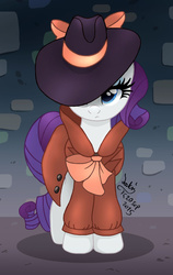 Size: 950x1500 | Tagged: safe, artist:joakaha, rarity, pony, unicorn, g4, rarity investigates, clothes, detective, detective rarity, female, hat, solo