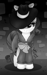 Size: 950x1500 | Tagged: safe, artist:joakaha, rarity, pony, unicorn, g4, rarity investigates, clothes, detective, detective rarity, female, hat, monochrome, solo