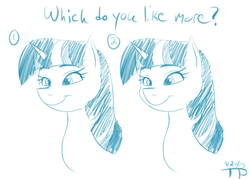 Size: 1321x946 | Tagged: safe, artist:thethunderpony, twilight sparkle, g4, comparison, female, monochrome, simple background, sketch, solo, spot the difference, white background