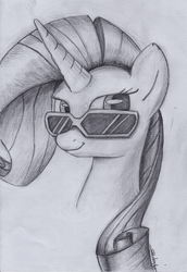 Size: 579x840 | Tagged: safe, artist:shikogo, rarity, g4, female, looking at you, monochrome, solo, sunglasses, traditional art