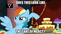 Size: 1920x1080 | Tagged: safe, rainbow dash, g4, my little pony: friendship is magic, rarity investigates, cake, exploitable meme, image macro, meme, text