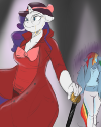 Size: 1600x2000 | Tagged: safe, artist:mrscurlystyles, rainbow dash, rarity, anthro, g4, rarity investigates, belly button, cane, clothes, detective, detective rarity, doodle, embarrassed, fedora, hat, monocle, walking stick